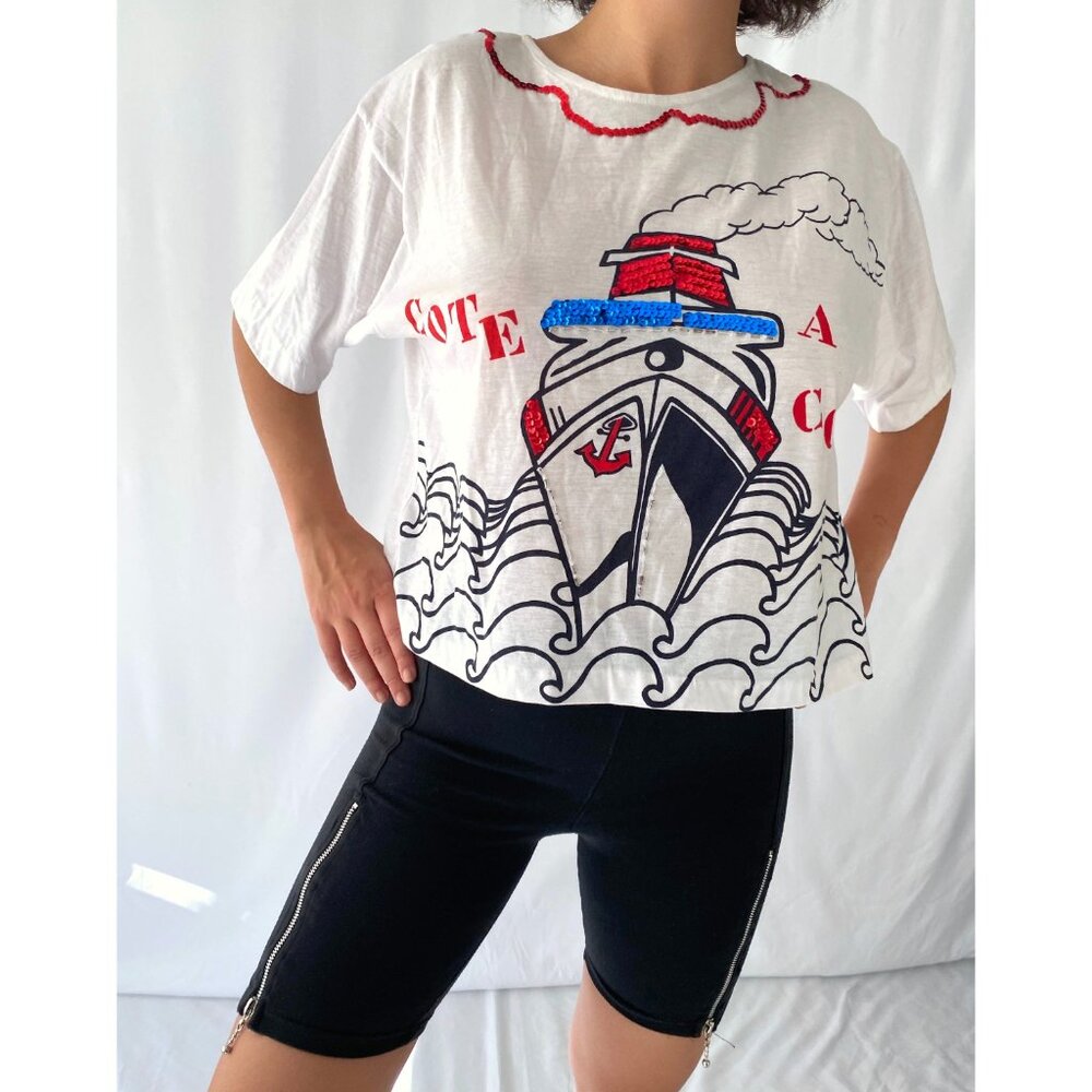 90s vintage novelty nautical sailing sequins cropped cotton tee shirt crop top - Picture 2 of 9